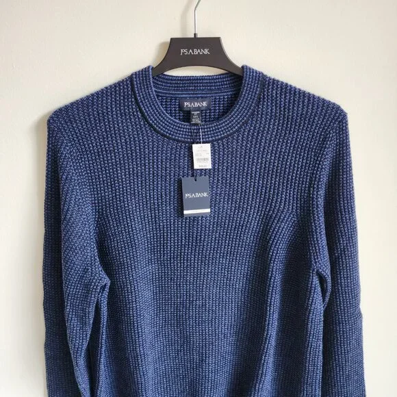 XXL Sweater Blue Navy Jos A Bank Crewneck Chunky Knit Tailored Fit Mens Wool Mix - Picture 12 of 17